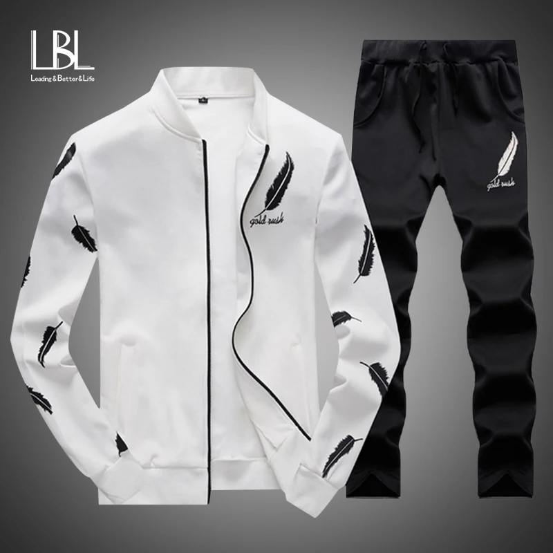 

2019 Men Fashion Sets Autumn Two Pieces Casual Tracksuits Male Zipper Sweatshirt+Sweatpants Suits Men Plus Size 2PC Sportswears