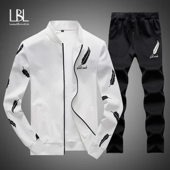 

Men Fashion Sets 2PC Autumn Two Pieces Casual Tracksuits Male Zipper Sweatshirt+Sweatpants Suits Men Plus Size 2PC Sportswears