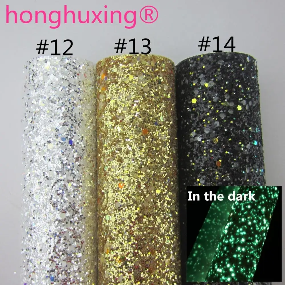 

30x134cm Glow in the Dark Chunky Glitter faux synthetic artificial pu Leather fabric roll material for bags bows shoes DIY AY281