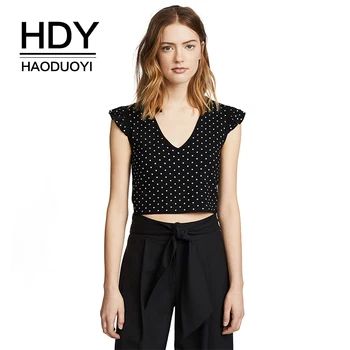 

HDY Haoduoyi Women 2020 New Arrival Dot Print Black Crop Tops Basic Casual Cami V Neck French sleeve Knitted Tank