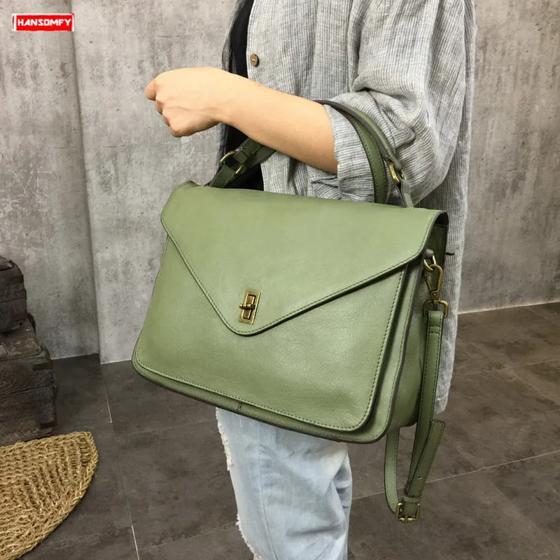 Деловой Повседневный женский портфель из натуральной кожи, женская сумка с замком для путешествий, большая зеленая простая сумка через плечо