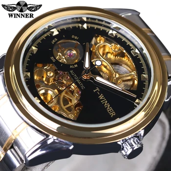 

Winner 2018 New Design Men Watches Top Brand Luxury Watch Half Skeleton Black Golden Transparent Fashion Casual Mechanical Watch