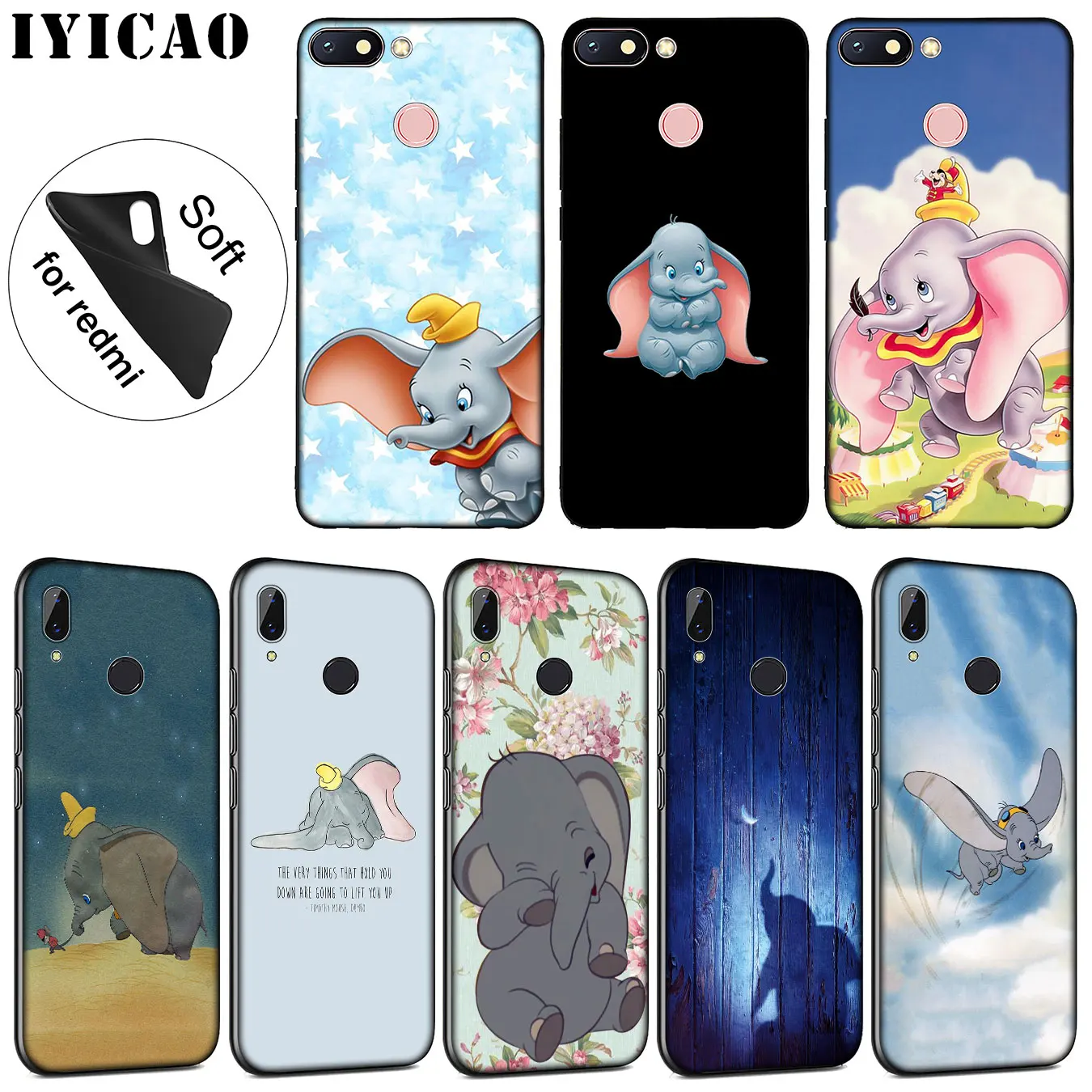 IYICAO Dumbo Cute elephant Soft Silicone Phone Case for Xiaomi Redmi K30 K20 8A 7A 6A 5A S2 GO Note 8 8T 7 5 6 Pro Cover |