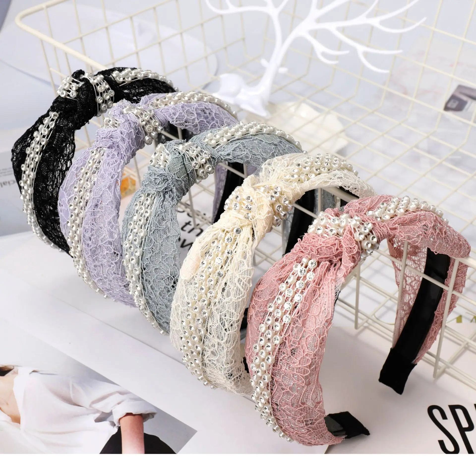 

Rhinestone Hairband New Arrival 2019 Lace Hair Accessories for Women Black Pink Blue Lace Headband Fashion Head Bands for Girl
