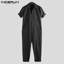 INCERUN мужские однотонные с отворотом шеи новые модные тонкие свободные джинсы набор Ретро хип хоп рабочие повседневные мужские рабочая одежда джоггеры