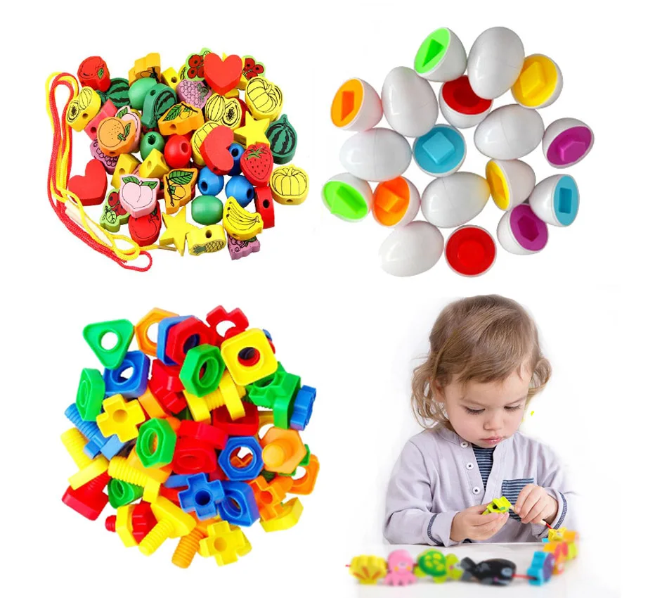 

Montessori Early Educational Toys for Baby Kids Colors Shapes Learning Plastic Scraw Smart Egg Stringing beaded Toys Blocks GYH