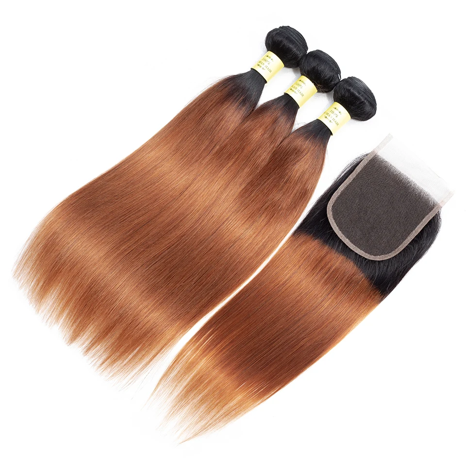Trama do Cabelo Brasileiro do Cabelo Bundles com Fecho Pacotes com Fechamento Queenlike Humano Weave Não Remy Reta Cabelo Ombre 3 4 100% 3 Pacotes com 34 com fecho