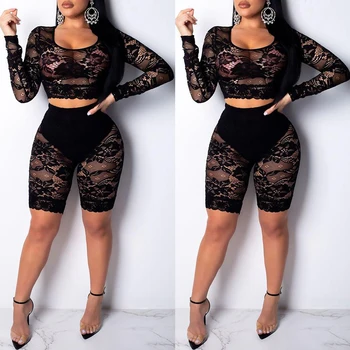 

2019 Fashionholy Trendy See-through White Lace Two-piece Shorts Set Tops+ Pants