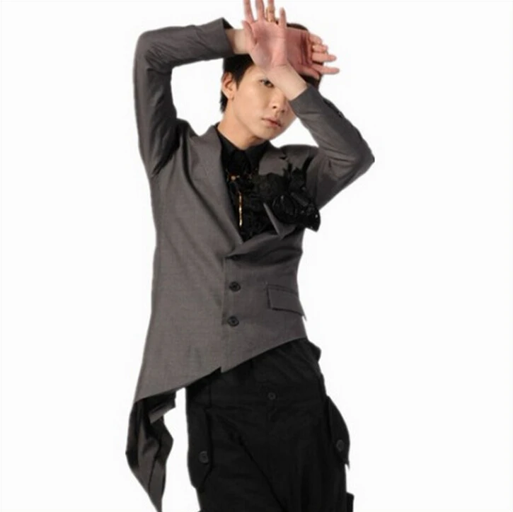 Модный мужской необычный тонкий костюм Черный Асимметричный серый повседневный костюм мужской сценический костюм певицы одежда
