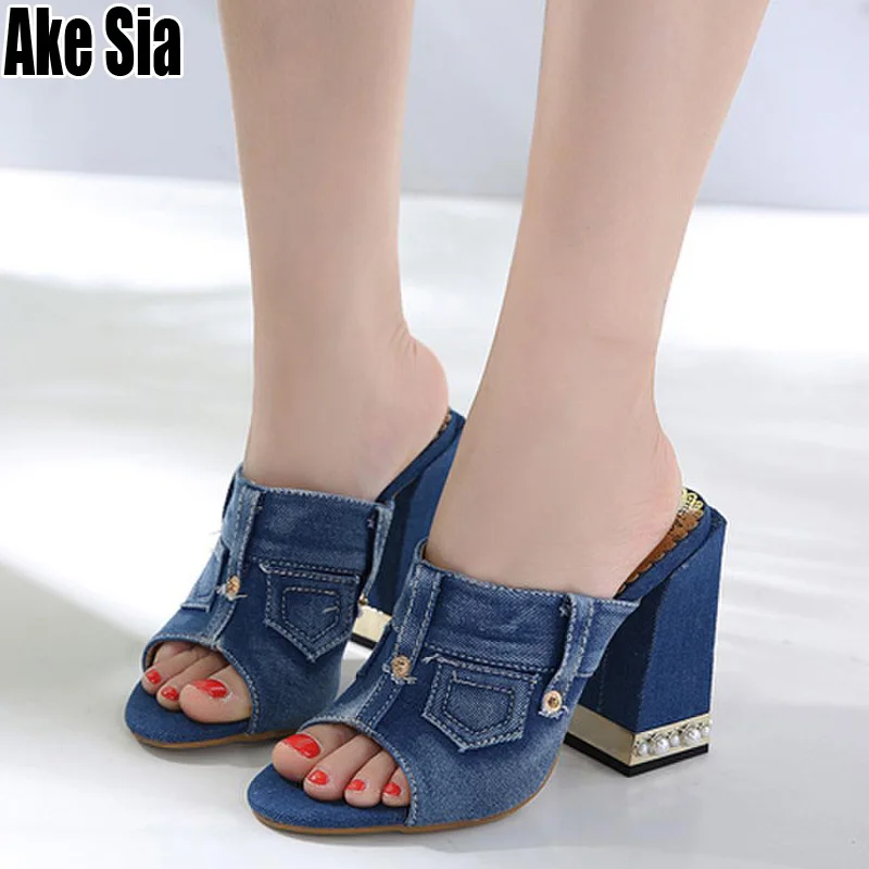 

Women Sandals Denim Peep Toe Thick Chunky High Heels Women Classical Peep Toe Pearly Platform Slippers Sides Casual Shoes A712