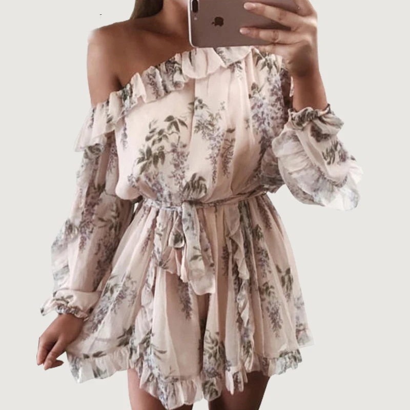 Женское пляжное платье boho розовое шифоновое с рюшами на одно плечо | Женская