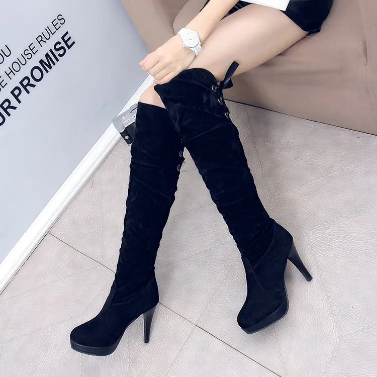 

2017 autumn and winter knight boots personality stiletto high heel boots pointed high boots fashion after the lace women's boots