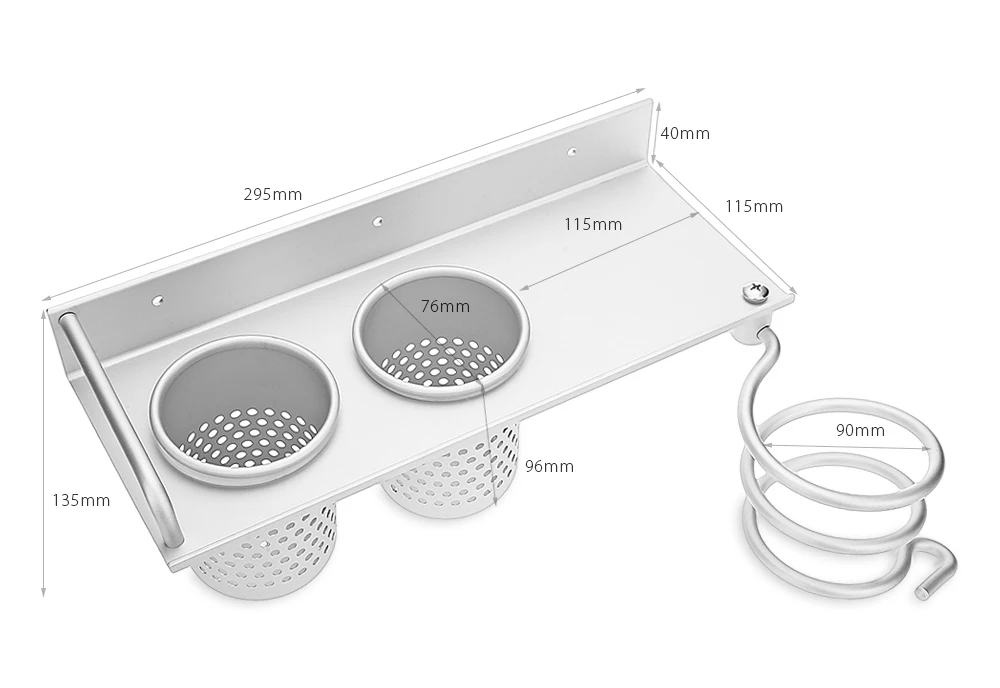 Multi-use Alumimum Hair Dryer Shelf Bathroom Storage Holder Comb Rack Wall Hanger with 2 Cups