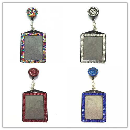 

Wholesale 100pcs/lot Bling Crystal Rhinestone ID Badge Holder Vertical Credit Card Bus Card Case With Retractable Badge Reel
