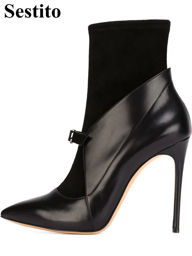 

European Black Patchwork Flock Buckle Woman Boots Pointed Toe Ankle Boots For Women Thin Heels Slip-on Autumn Winter Women Shoes