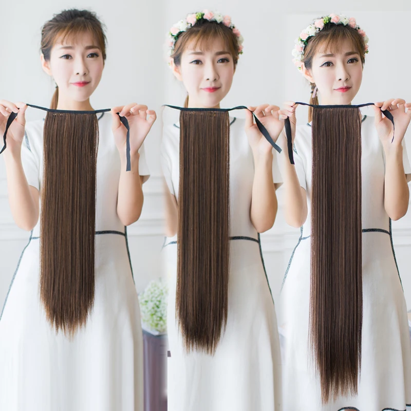 WTB Synthetic long straight hair red brown black Hair Heat Resistant Ribbon Drawstring Ponytail Pieces Extension