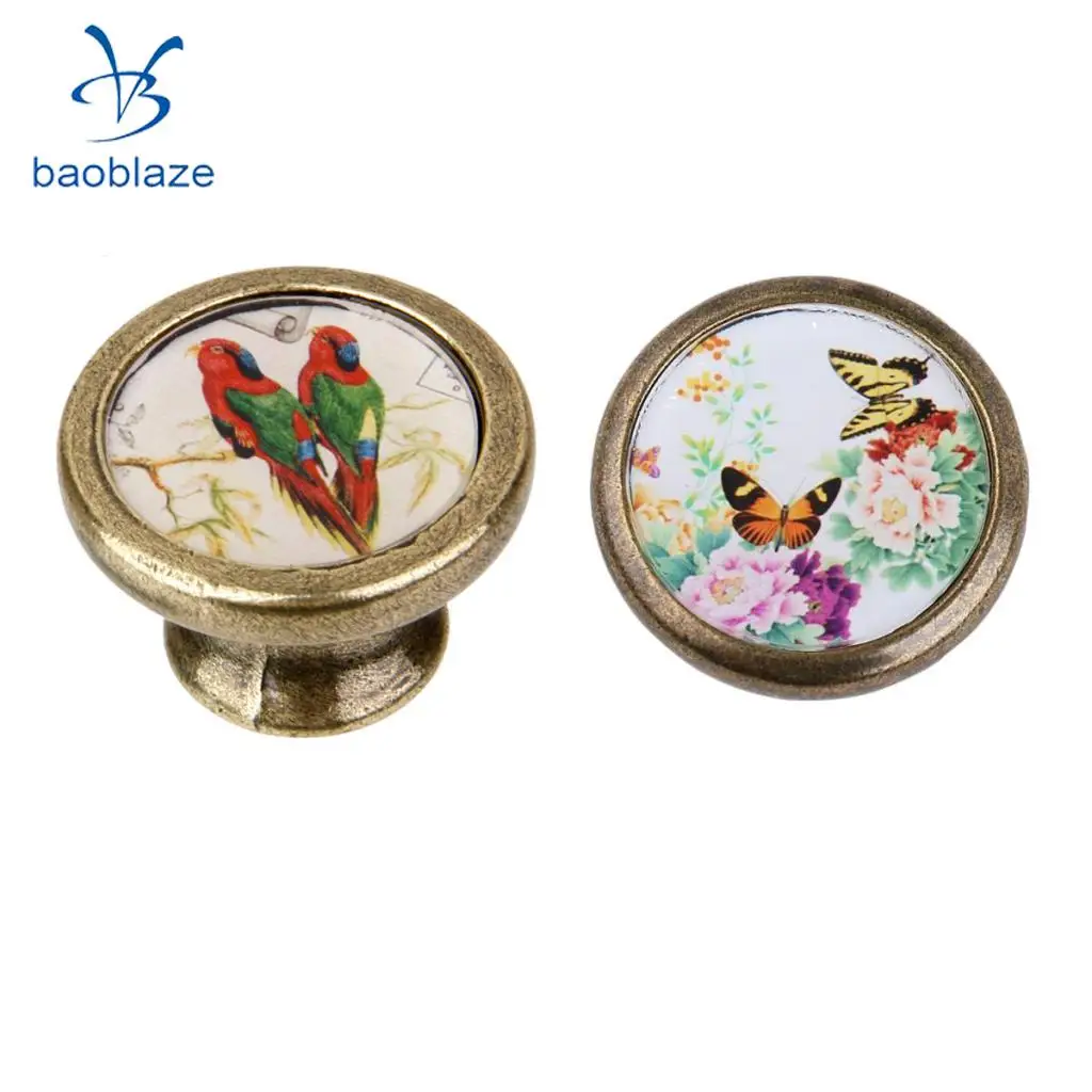 2 Pieces Antique Brass Cabinet Drawer Round Pulls Wardrobe Cabinet Door Cupboard Knob Handle Butterflies + Birds