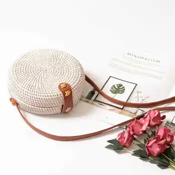 

AUAU-Rattan Woven Bag Ins Bag Wrap Package Department Of Classical Art, Handmade White Mini Woven Bag Pu Shoulder Strap(White)
