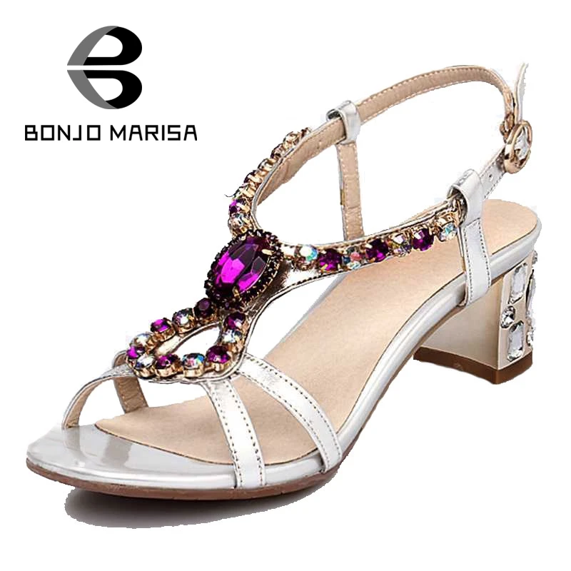 

BONJOMARISA Rhinestone Women Sandals Fashion Chunky Heel Open Toe t-strap Summer Shoes 2017 New Woman Ladies Footwear