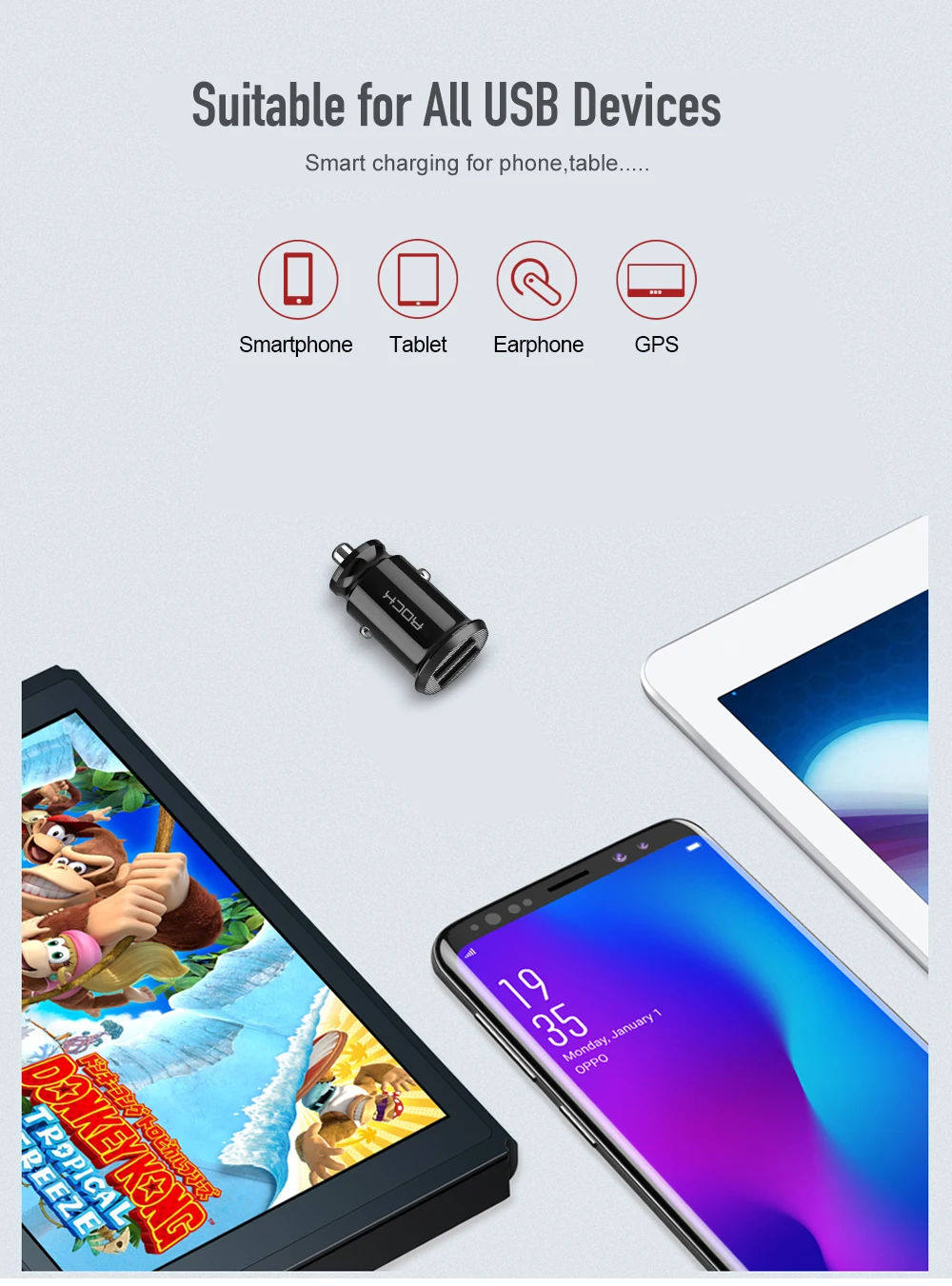 Автомобильное зарядное устройство ROCK 3.1A с двумя usb-портами, быстрая зарядка, Мини Автомобильное зарядное устройство, 2 порта для iPhone X, 8, 7, 6, samsung, Xiaomi