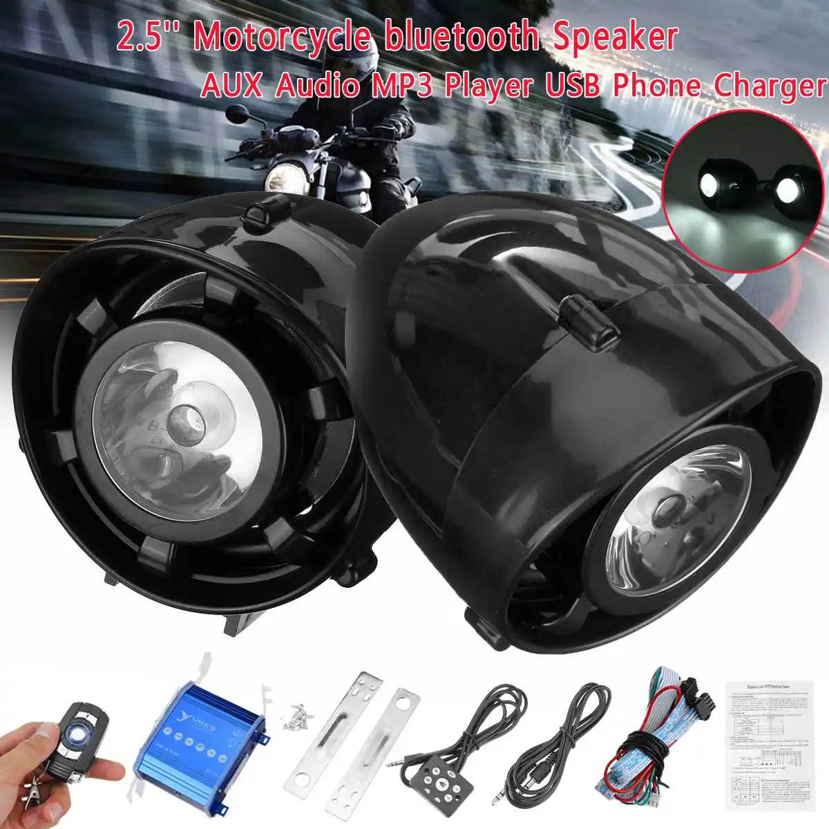 

2.5'' Motorcycle bluetooth Speaker AUX Audio MP3 Player USB Phone Charger Amplifer System Sound Motorcycle Speakers Waterproof