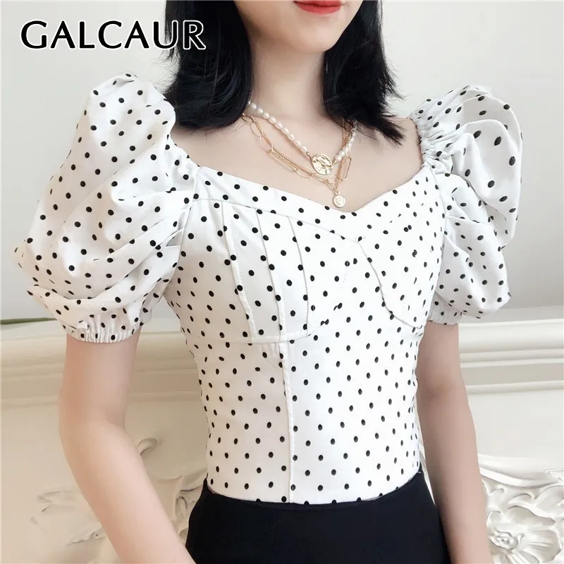 

GALCAUR Elegant Polka Dot Blouse For Women V Neck Puff Sleeve Tunic Tops Shirt Female Fashion Clothes 2019 Summer New Tide