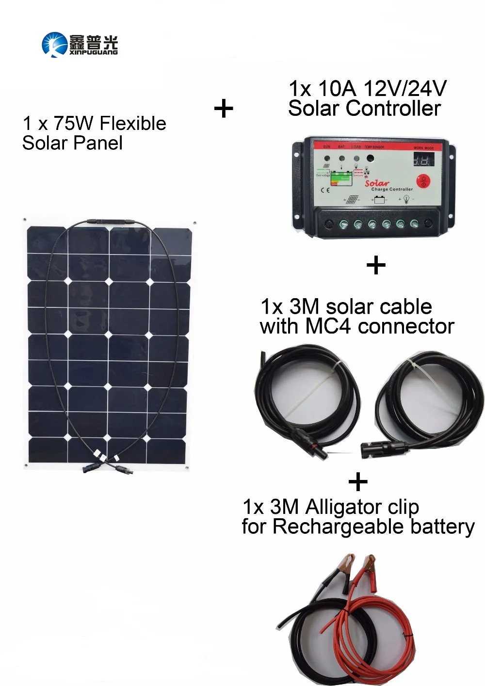 

Xinpuguang 75W 20V Solar Panel System Flexible Smooth Surface DIY RV Marine Solar System Kits Controller Cable Outdoor Led Light