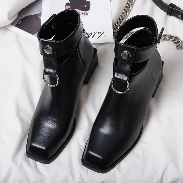 Invierno Caucho De Hebilla Cuadrado Otoño 2018 Cuero Para Vaquero Zapatos Talón Pie Dedo Moda Correa Mujeres Las Negro Tobillo Botas Punky Del Hf4wdw