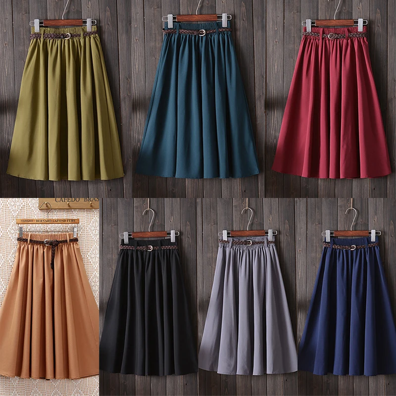 

Fannic Midi Knee Length Summer Skirt Women With Belt 2019 Fashion Korean Ladies High Waist Pleated A-line School Skirt Female