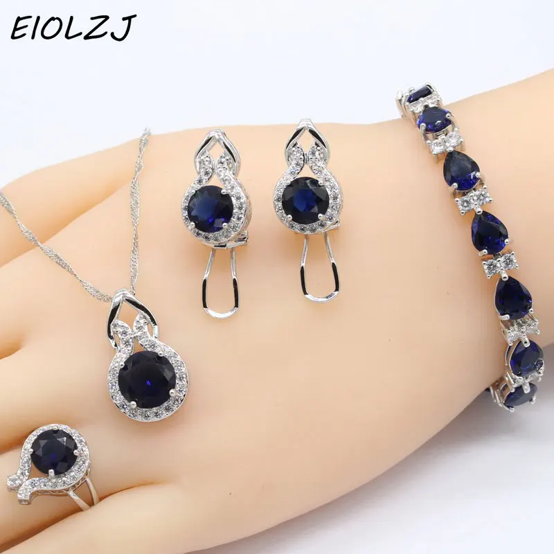 

925 Sterling Silver Jewelry Sets For Women Wedding Fashion Bride's Round Dark Blue Zircon Necklace Ring Clip Earrings Bracelet