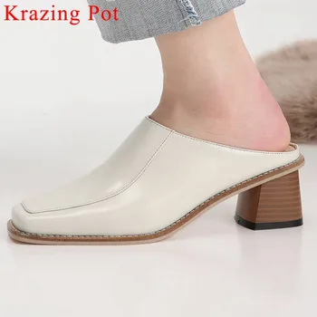 

Krazing Pot new fashion natural leather block high heels vintage movie stars square toe slip on mules elegant wedding pumps Lx3