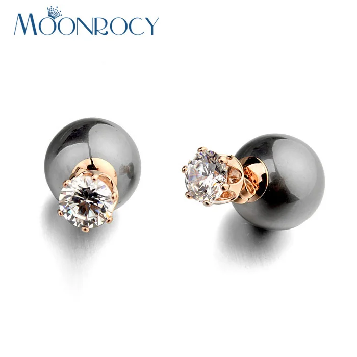 

MOONROCY Imitation Pearl Earrings Dropshipping Rose Gold Color CZ Crystal Fashion Earrings Black for Women Dropshipping
