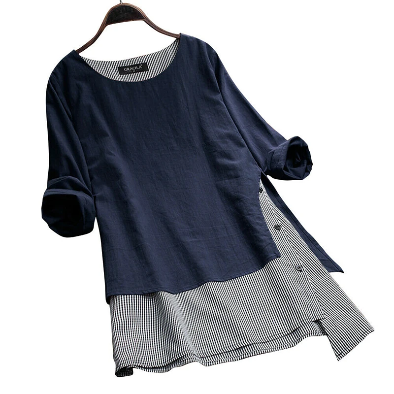 Linen Fake Two Pieces Shirt Dress Woman Casual Long Sleeve Dresses Lady Irregular Pullovers Dress Women Plus Size Blouse Dresses