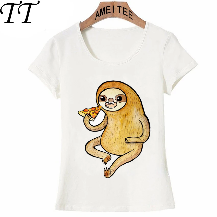 New Summer Fashion Women t-shirt Sloth Eating Pizza Cartoon Print T-Shirt I love Design maiden casual Tops female Tee | Женская одежда