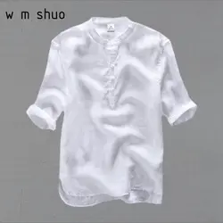 2019 Новое поступление летние шорты-рубашки с длинными рукавами Для мужчин 100% лен белые однотонные Цвет Slim Fit плюс Размеры Топы Y009