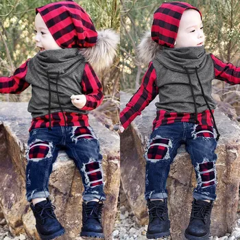 

Clothing For Children Newborn Toddler Baby Boys Long Sleeve Plaid Splice Tops+ Jeans Denim Pants Set Outfits Suit F322