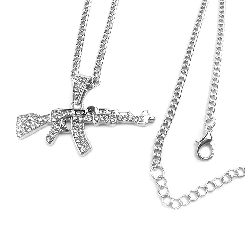 Мода стимпанк Стразы AK47 пистолет кулон ожерелья унисекс хип хоп ювелирные изделия золото серебро Длинная цепочка ожерелья для женщин и мужчин подарки