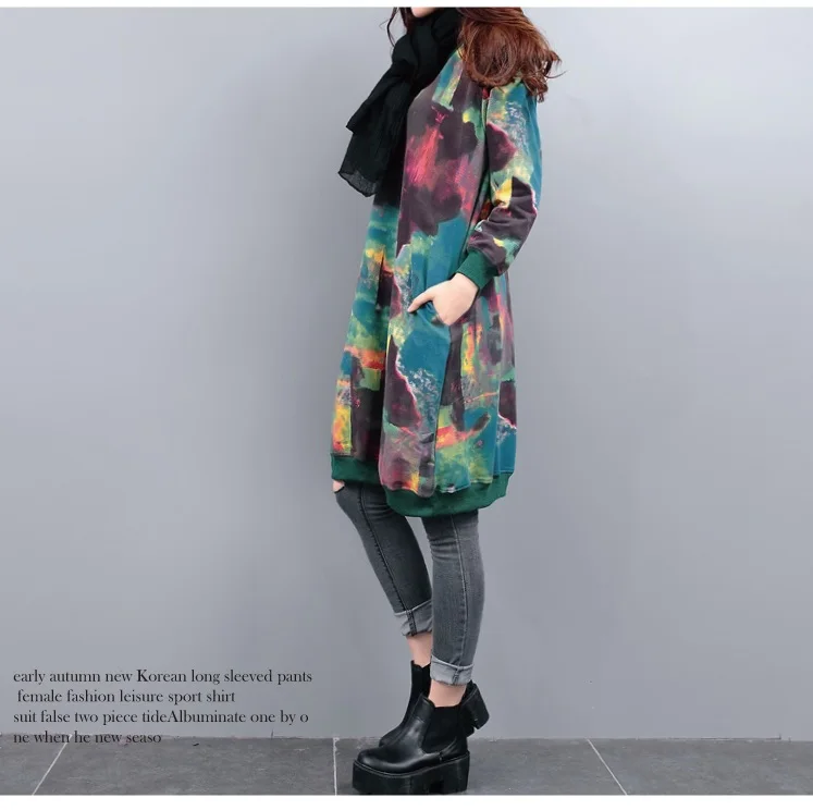 8390 Vintage Print Velvet Dress Long Sleeve Plus Size Women Thick Warm Hoodie Linen Winter Dresses Women 2018 Casual Sweatshirt Dress 1