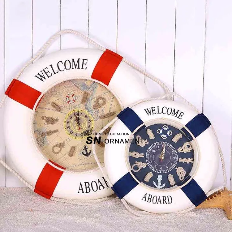 Добро пожаловать на борт спасательный круг настенные часы средиземноморская деревянная Ткань Гостиная часы магазин морской домашний декор