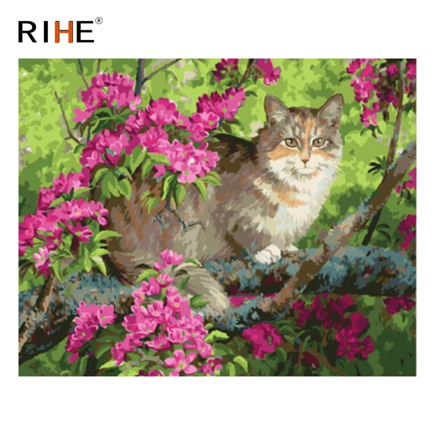 

RIHE Cat Flower Diy Painting By Numbers Animal Tree Oil Painting On Canvas Hand Painted Cuadros Decoracion Acrylic Paint 40X50CM