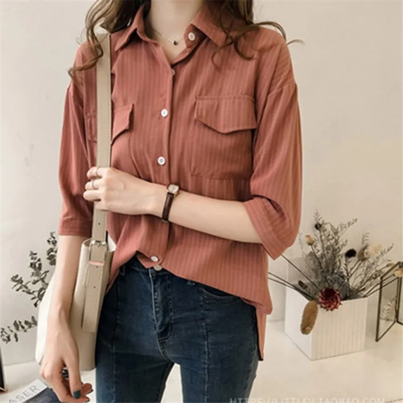 

2019 Autumn Chic Striped Shirts Women spring and summer new loose striped short-sleeved Han Fan shirt dress shirt women's tide