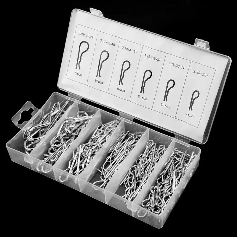 

150Pcs/Lot R Cotter Pins 6 Sizes Tractor Pin Clips with Plastic Box Assortment Kit Split Cotter Pins Kit Set Fastener Pins
