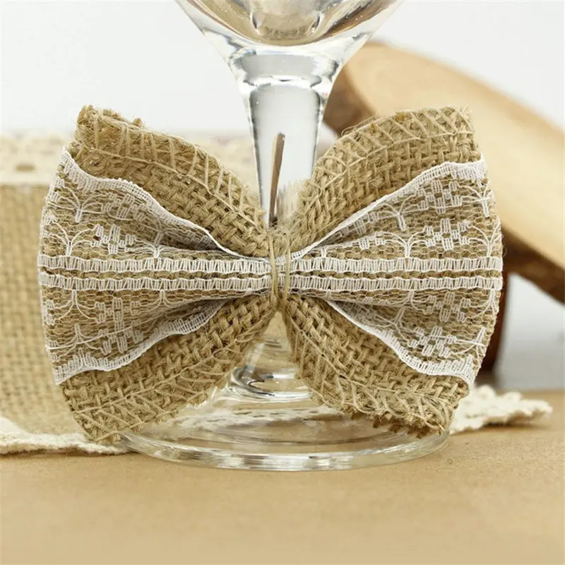 1Pcs Vintage Lace Bowknot Natural Jute Burlap hessian Bows DIY Lace Ribbon Crafts for Christmas Wedding Party Decoration 62516