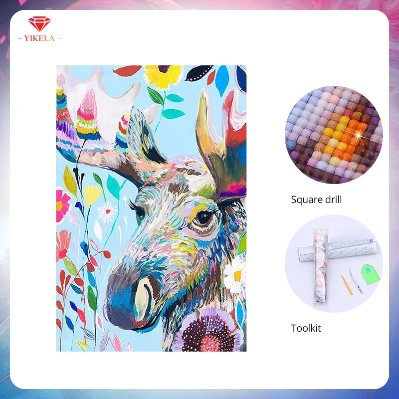 

YIKELA 5D DIY Animal Diamond Embroidery Full Square Rhinestone Drill Cross Stitch Colorful Moose Diamond Painting Wall Stickers