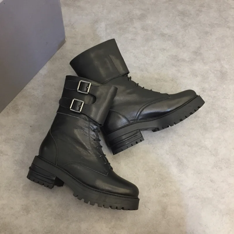 

Hot 2018 Autumn Winter Shoes Woman Genuine Leather Calf Boots Round Toe Square Heels Lace Up Knight Boots Design Boots Woman
