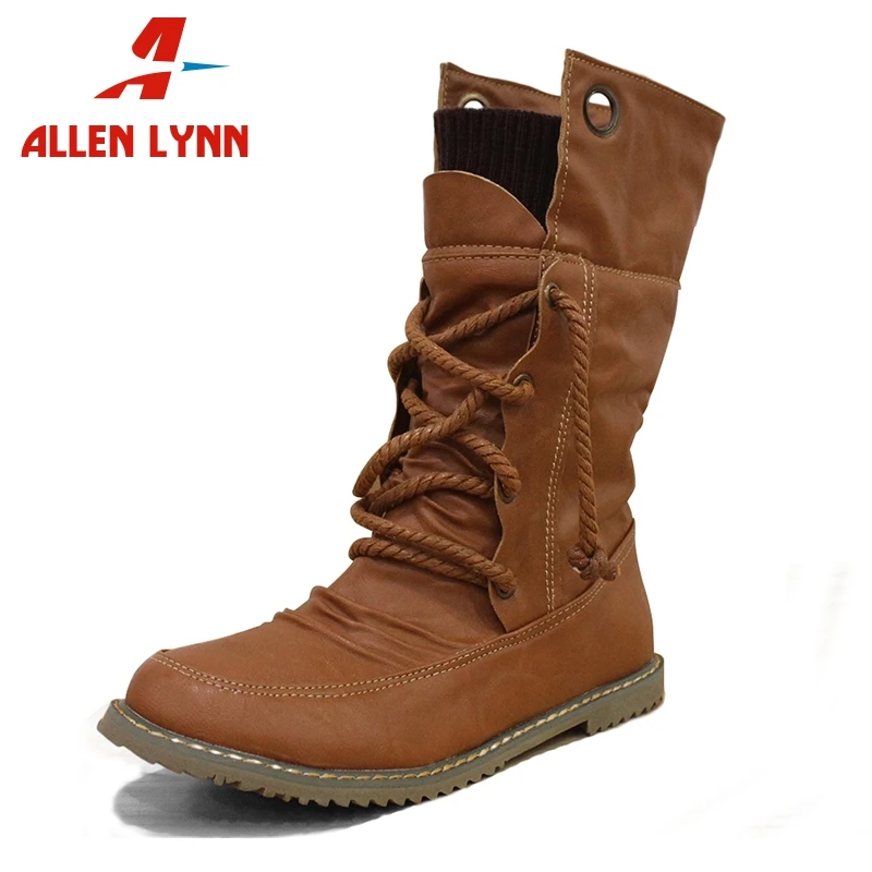 

ALLENLYNN Women Motorcycle Fur Boots Flat Lace Up Winter Shoes Woman Mid-calf Snow Boots Ladies Shoes Big Size 34-43