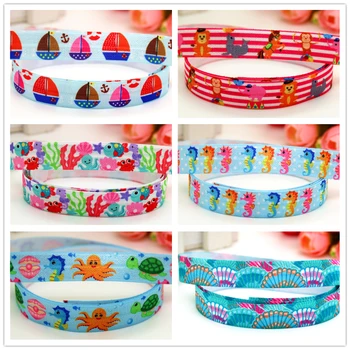 

DUWES 5/8'' Free shipping Fold Elastic FOE boat sea horse shell circus animals printed headband headwear diy decoration OEM D594