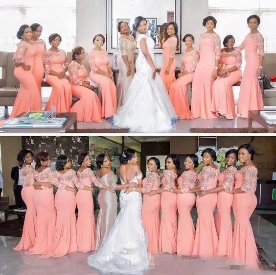 

Nigerian African Plus Size Bridesmaid Dresses Coral 3/4 Long Sleeves Top Lace Maid Of Honor Gowns Hot Sale Cheap 2019