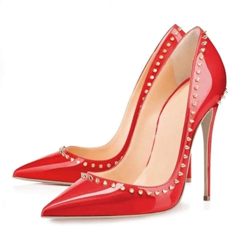 

2018 explosion models 12 cm super high-heeled rivet shoes ladies pointed stiletto shoes size 34-46