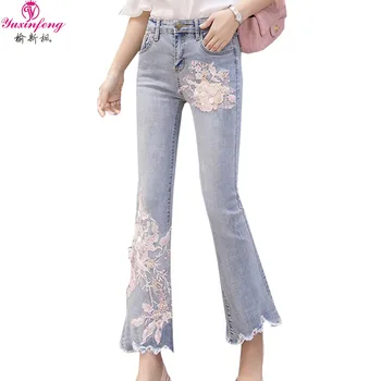 

Yuxinfeng 2019 Autumn New Fashion Jeans Women Floral Beading Embroidery Blue Denim Jeans Tassel Flare Denim Pants